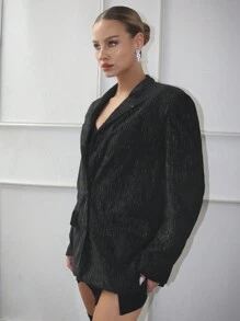 SHEINNeu 西裝領翻蓋細節金屬亮絲西裝外套 - 黑色 - 查看 3