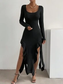 Chiquease Vestido de punto de cuello scoop ribete con fruncido de muslo con abertura - Negro - Ver 3