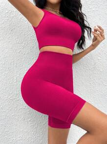 Solid Ribbed Knit Sports Set Two Pieces Set Women Summerwoman Two Pieces Sets - Hot Pink - View 3