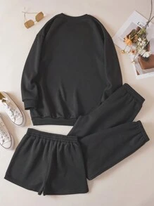 SHEIN EZwear 標語圖案加絨內裏運動衫&運動短褲和運動褲 - 黑色 - 查看 2