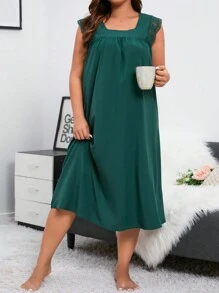 Camisón de noche con cuello cuadrado de encaje de contraste en talla grande - Verde - Ver 5