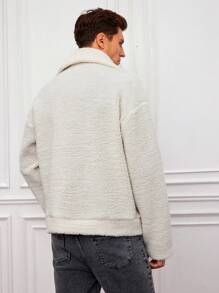 SHEIN Cottnline Men 1pc Zip Up Drop Shoulder Teddy Jacket - White - View 2