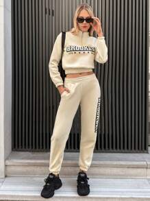 RueChic Letter Graphic Half Zip Drop Shoulder Crop Sweatshirt & Sweatpants - Beige - View 6