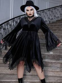 PUNK Plus Halloween Guipure Lace Trim Flare Sleeve Hanky Hem Velvet Dress - Black - View 1