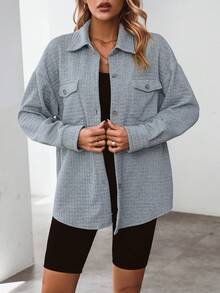 SHEIN Essnce Abrigo con bolsillo con solapa de hombros caídos - Gris - Ver 5