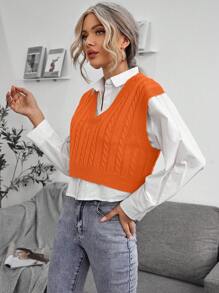 SHEIN LUNE Cable Knit Sweater Vest Without Blouse - Orange - View 3