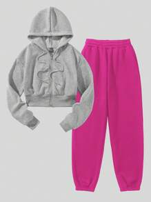 SHEIN Unity 字母圖案加絨內裏連帽衫和運動褲 - 彩色 - 查看 2