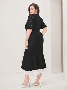 Modelyn Plus Pearls Beaded Puff Sleeve Mermaid Hem Dress