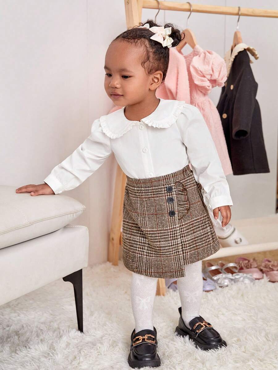 SHEIN 女嬰彼得潘領襯衫&格紋印花前紐扣半身裙 - 彩色 - 查看 1