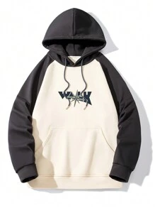 Men Letter Graphic Raglan Sleeve Drawstring Hoodie - Dark Grey - View 1