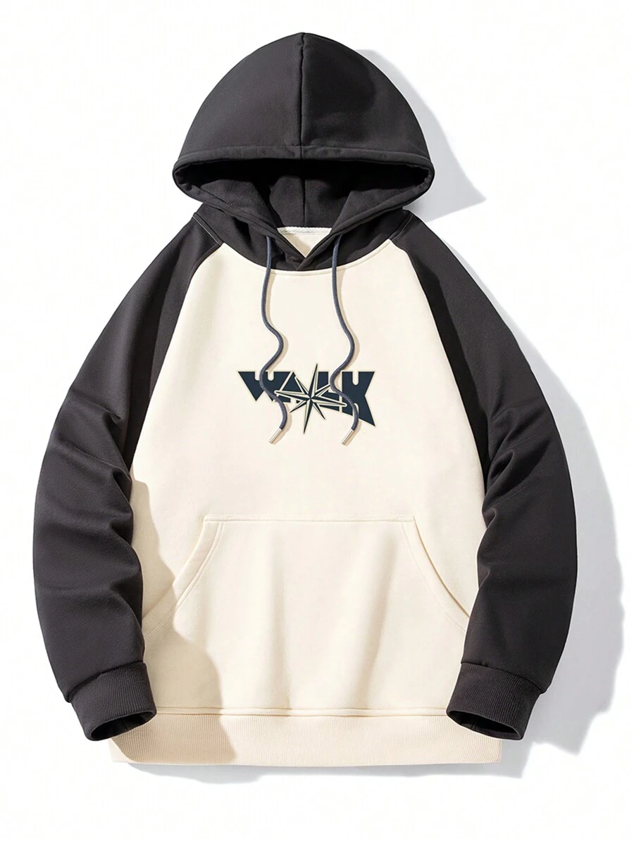 Men Letter Graphic Raglan Sleeve Drawstring Hoodie - Dark Grey - View 1