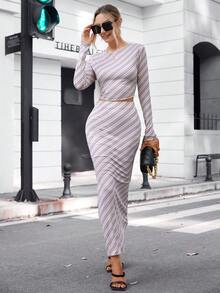 SHEIN Essnce 條紋印花短款T恤&鉛筆裙 - 彩色 - 查看 5