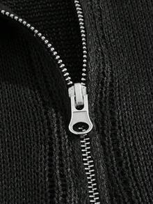 ROMWE MEN Street Life 男士純色拉鍊連帽開衫 - 黑色 - 查看 4