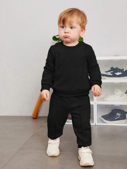 SHEIN 男婴保暖内衬圆领纯色运动衫和裤子套装，秋冬