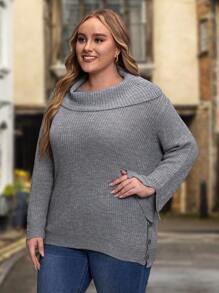 EMERY ROSE 大碼堆堆領紐扣側套頭毛衣 - 灰色 - 查看 3
