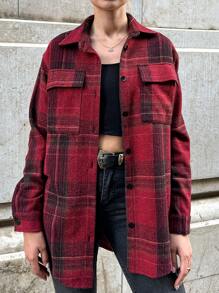 SHEIN PETITE Plaid Print Drop Shoulder Flap Pocket Button Front Coat - Burgundy - View 4