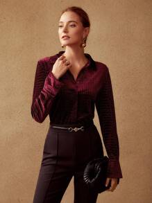 MOTF PREMIUM VELVET CROCODILE TEXTURED SHIRT, LONG SLEEVE TOP - Burgundy - View 6