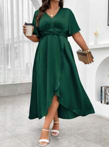Flirla 大碼褶邊蝴蝶袖圍裹連衣裙 - 墨綠色 - 查看 5
