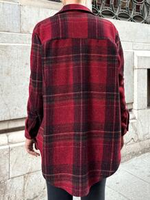 SHEIN PETITE Plaid Print Drop Shoulder Flap Pocket Button Front Coat - Burgundy - View 2