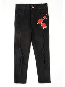 Boys Floral Embroidery Ripped Jeans - Black - View 1