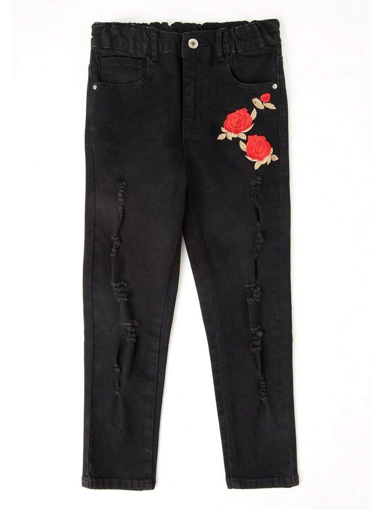 Boys Floral Embroidery Ripped Jeans