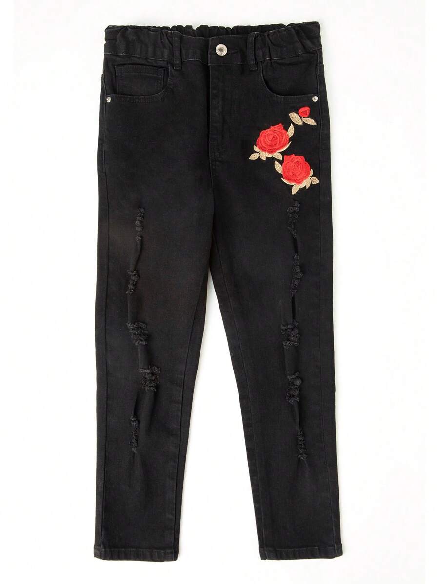 Boys Floral Embroidery Ripped Jeans - Black - View 1
