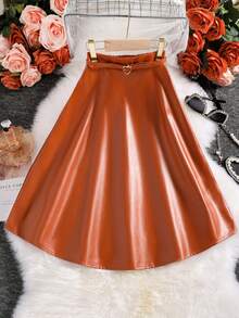 SHEIN Cô gái Tween Chất rắn chất liệu da PU Váy kèn đồng - Cà phê nâu - Xem 2