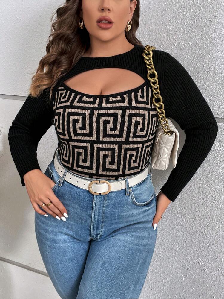 Plus Geo Pattern Cut Out Front Sweater