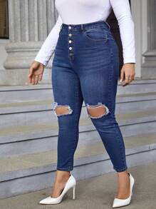 SHEIN Essnce 大碼紐扣門襟鏤空破洞緊身牛仔褲 - 深色水洗藍 - 查看 6