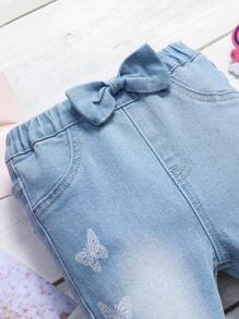 Baby Girl Butterfly Print Bow Front Jeans - Light Wash - View 4