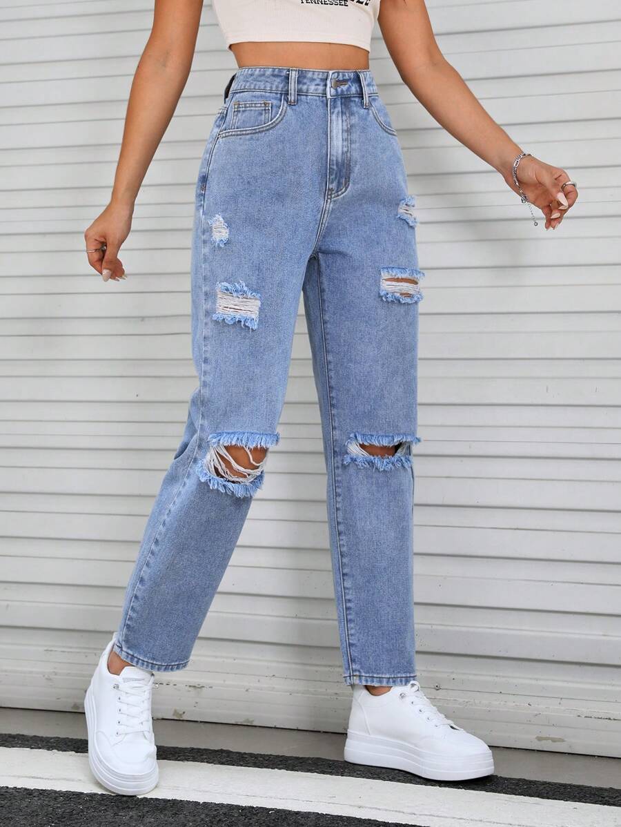 SHEIN EZwear Ripped Straight Leg Jeans - Medium Wash - View 1