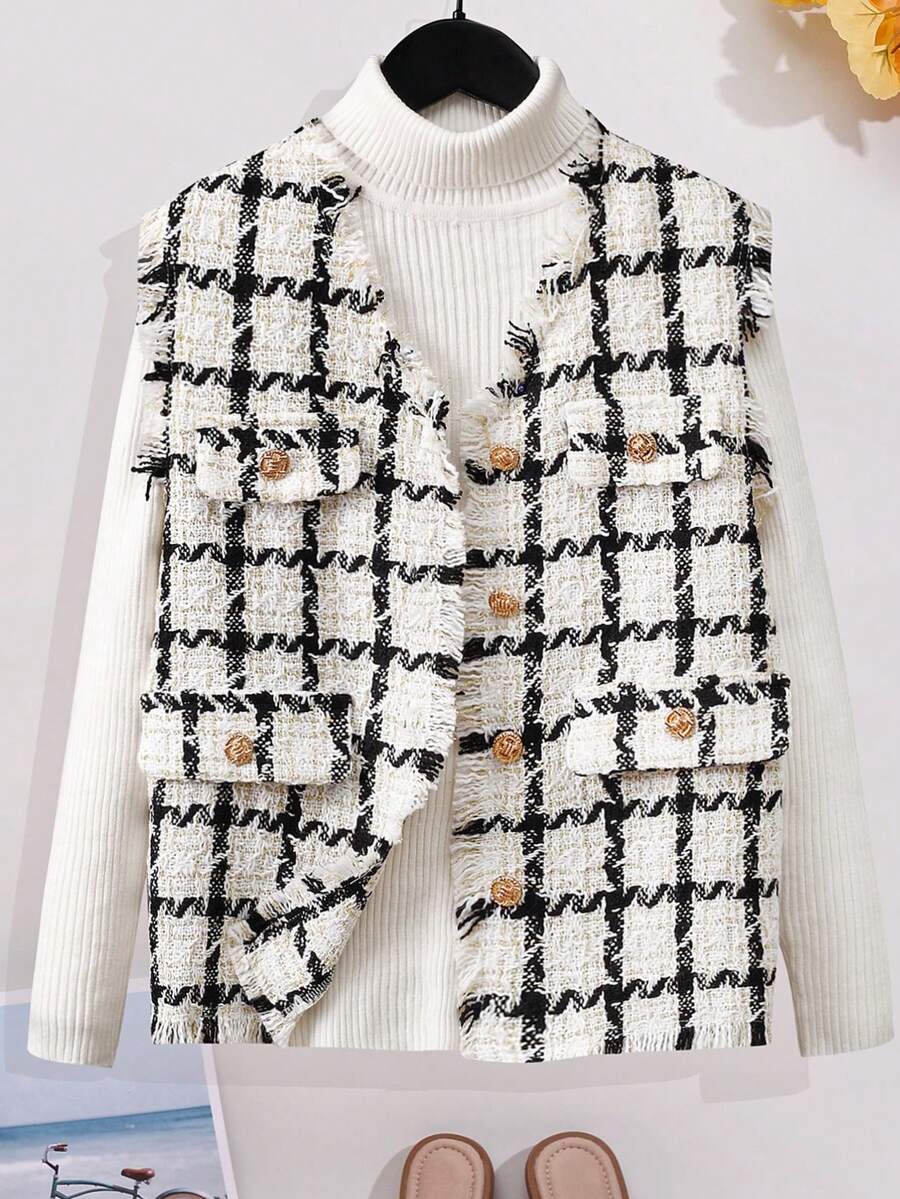 SHEIN 女大童1入組格紋圖案毛邊緣夾克背心 - 彩色 - 查看 1