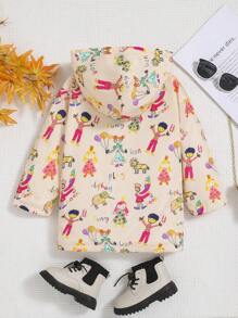 SHEIN Young Girl Figure and Letter Graphic Teddy Lined Hooded Coat Without Sweater - Apricot - View 2