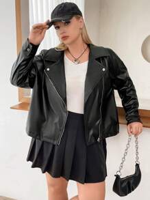 Flirla Talla grande Cazadora de moto con cremallera de recubierto - Negro - Ver 3