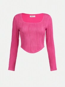 SHEIN 青少年女孩方領不對稱下擺短款T恤 - 玫紅色 - 查看 1