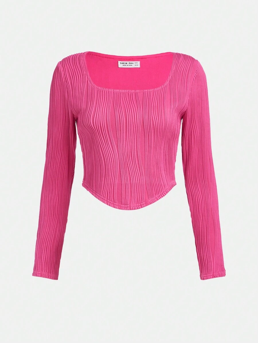 SHEIN 青少年女孩方領不對稱下擺短款T恤 - 玫紅色 - 查看 1