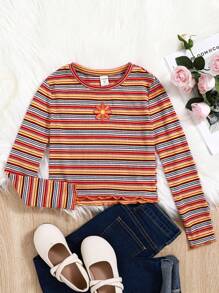 SHEIN Tween Girl Striped & Floral Embroidery Lettuce Trim Tee - Multicolor - View 1