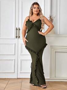 Plus Ruffle Trim Mermaid Hem Cami Dress - Army Green - View 1