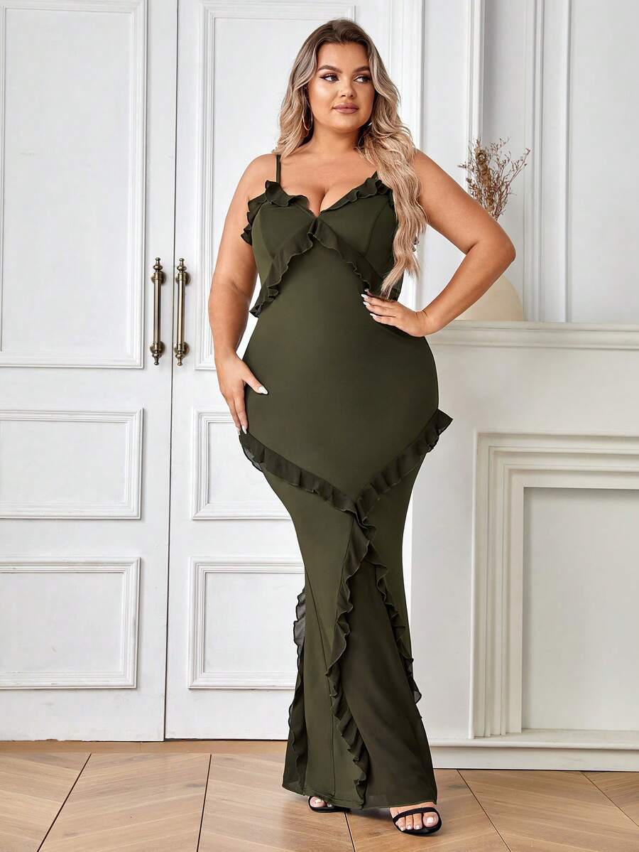 Plus Ruffle Trim Mermaid Hem Cami Dress - Army Green - View 1