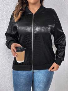 SHEIN LUNE Plus Crocodile Embossed Drop Shoulder Zip Up Bomber Jacket - Black - View 3