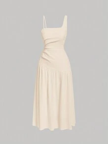 SHEIN MOD 素色不對稱領褶邊荷葉邊洋裝 - 米色 - 查看 1
