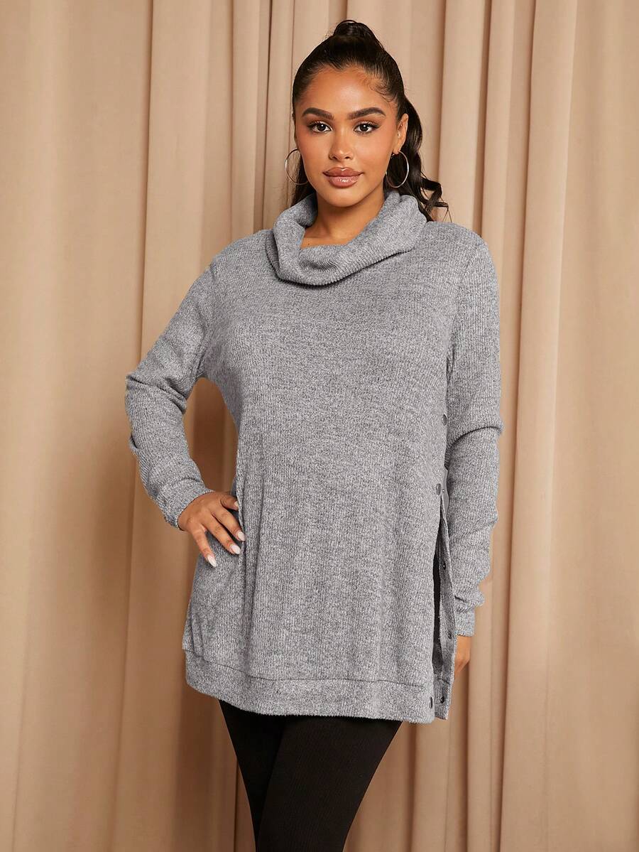 SHEIN 孕婦煙囪領側邊紐扣下擺開叉T恤 - 灰色 - 查看 1