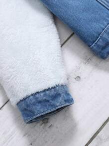 Tween Flicka Kontrast Teddy Krage Klaff Ficka Termiskt fodrad Denimjacka Utan T-shirt - Ljustvätt - Visa 3