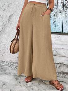 SHEIN VCAY Plus Knot Front Wide Leg Pants - Khaki - View 3