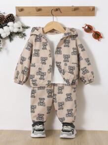 SHEIN Bimbo carino orso stampata maniche lunghe con cappuccio Giacche e Pantaloni affusolati Set - Cachi - Visualizzare 3