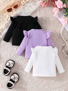 女嬰3入組荷葉邊條紋針織T恤 - 彩色 - 查看 2