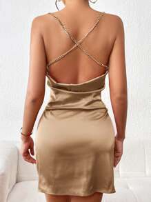 Firerie Women Dresses Backless Rantai Diikat Split Plain Seksi - Unta - View 3