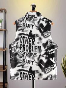 Manfinity LEGND Loose Fit Men's Letter Graphic Zip Up Sleeveless Winter Jacket - Black and White - View 2