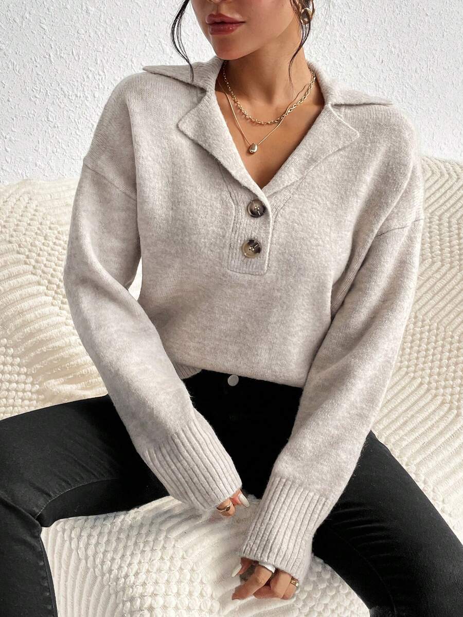 SHEIN Frenchy Lapel Neck Drop Shoulder Sweater Winter Casual - Camel - View 1