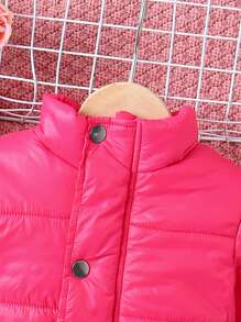 Baby Girl Solid Button Front Padded Coat - Hot Pink - View 6